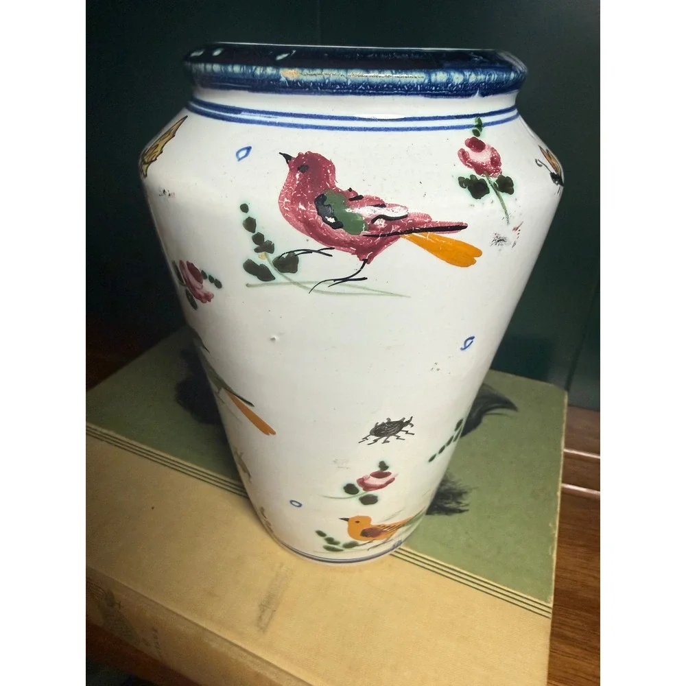 Vintage Italian Hand Painted‎ Bird Butterfly Vase Whimsical Cottagecore Italy